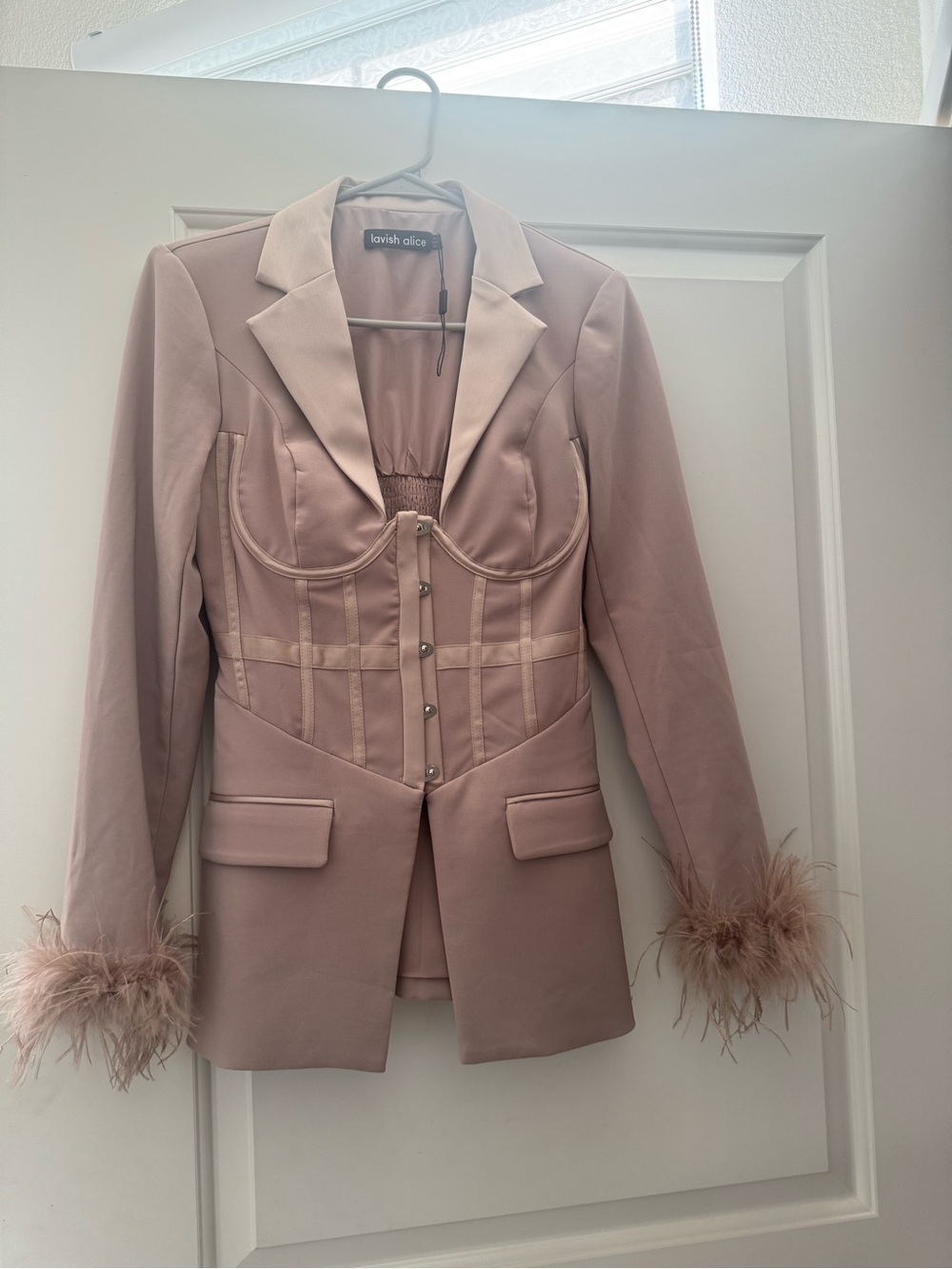 Lavish Alice Blush Pink Corset Blazer with Feather Cuffs